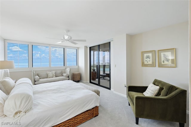 bedroom with baseboards, access to outside, a ceiling fan, and light colored carpet