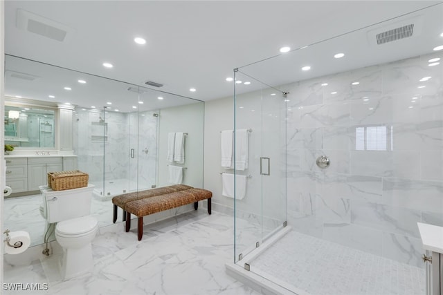 full bathroom featuring marble finish floor, a marble finish shower, and visible vents