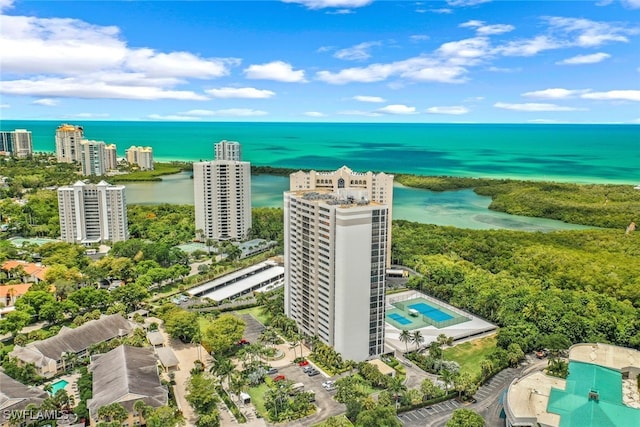 drone / aerial view featuring a water view and a view of city