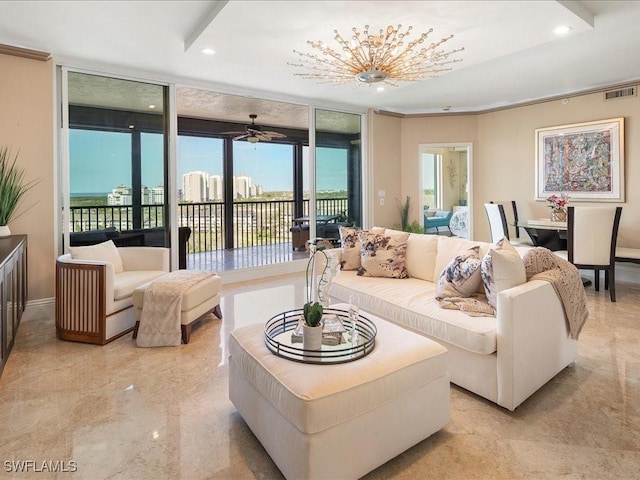 living room featuring expansive windows, marble finish floor, visible vents, and recessed lighting