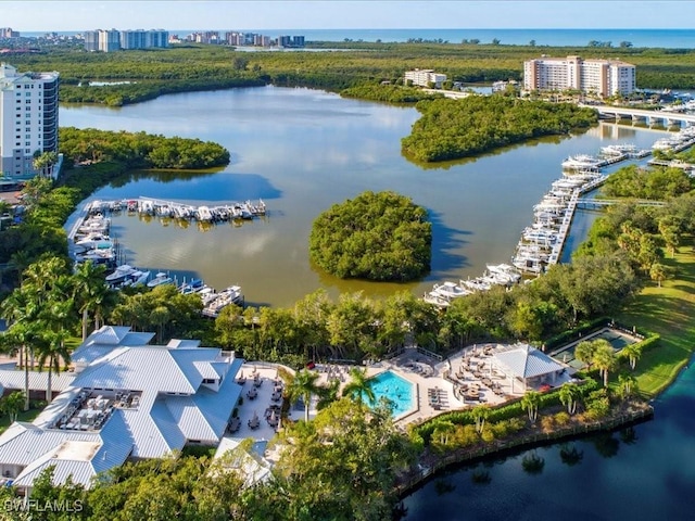 birds eye view of property featuring a water view