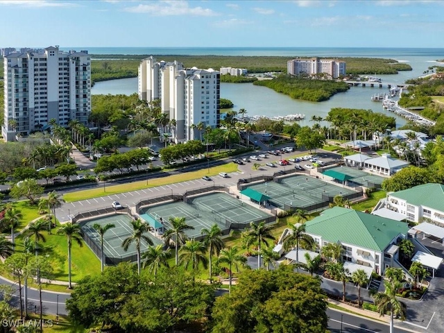 drone / aerial view with a water view