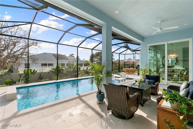 pool featuring ceiling fan, outdoor dining area, a lanai, outdoor lounge area, and a patio area