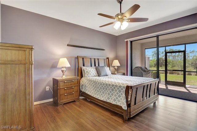 bedroom with access to exterior, wood finished floors, baseboards, and ceiling fan