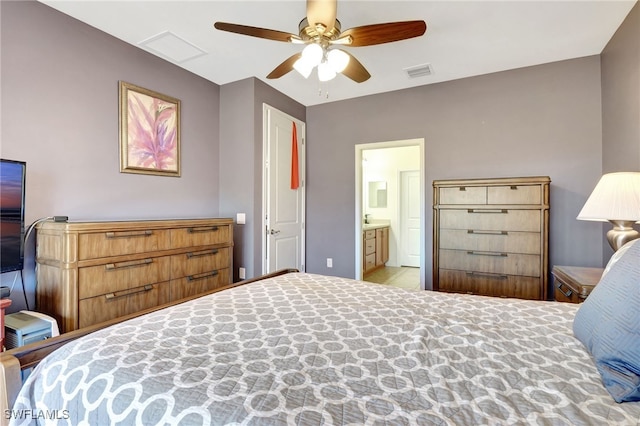 bedroom featuring visible vents, ensuite bath, and ceiling fan