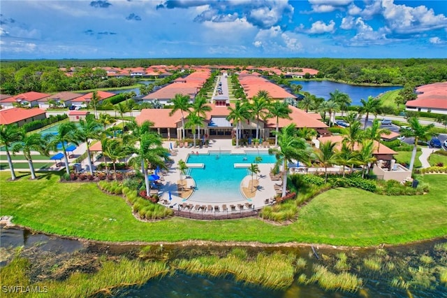 drone / aerial view featuring a water view