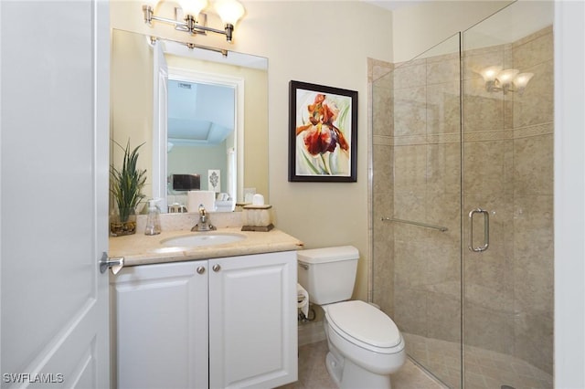 bathroom featuring a shower stall, toilet, and vanity