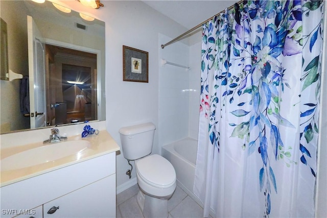 full bath with tile patterned flooring, toilet, vanity, visible vents, and shower / tub combo with curtain