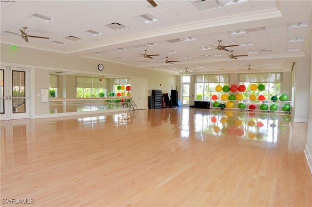 exercise room with ceiling fan, ornamental molding, and wood finished floors