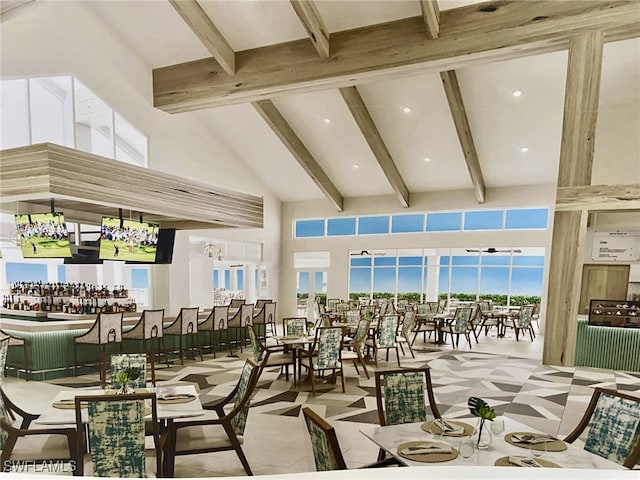 dining room featuring high vaulted ceiling, a dry bar, and beamed ceiling