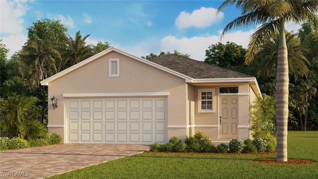 view of front of property with a front yard, decorative driveway, a shingled roof, stucco siding, and a garage