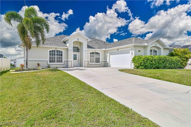 single story home with concrete driveway, a front lawn, an attached garage, and stucco siding