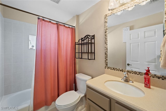 full bathroom with shower / bathtub combination with curtain, vanity, and toilet