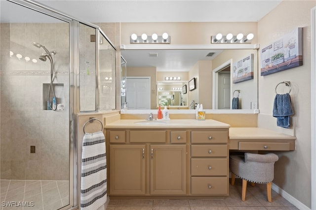 full bath featuring a stall shower, visible vents, vanity, and tile patterned floors