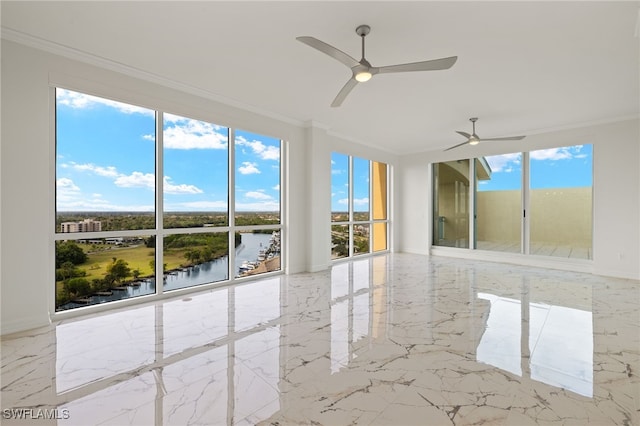 unfurnished sunroom with a water view