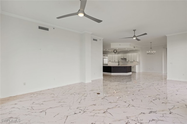 unfurnished living room with marble finish floor, baseboards, visible vents, and crown molding