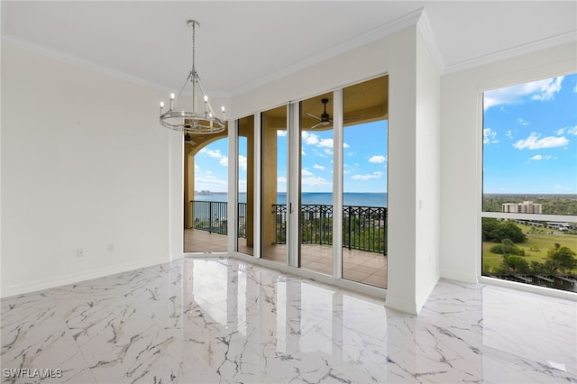 empty room featuring baseboards, arched walkways, ornamental molding, a water view, and marble finish floor