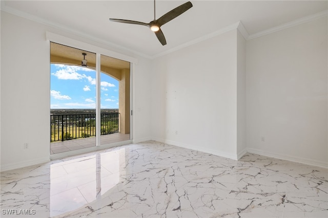 spare room featuring marble finish floor, crown molding, and baseboards