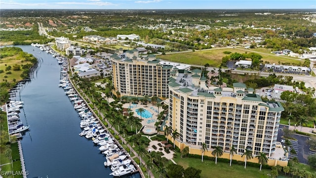 drone / aerial view featuring a water view