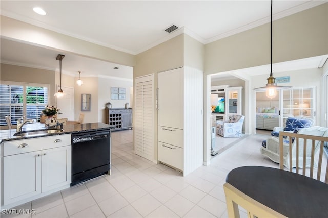 kitchen featuring white cabinetry, black dishwasher, hanging light fixtures, open floor plan, and dark stone countertops