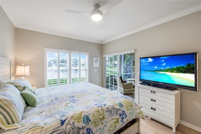 bedroom featuring a ceiling fan, baseboards, access to exterior, light wood-type flooring, and crown molding