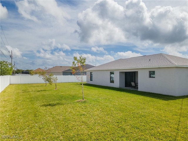 rear view of house featuring stucco siding, a fenced backyard, and a yard