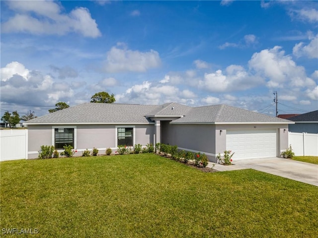 ranch-style house featuring stucco siding, a front lawn, a garage, and concrete driveway