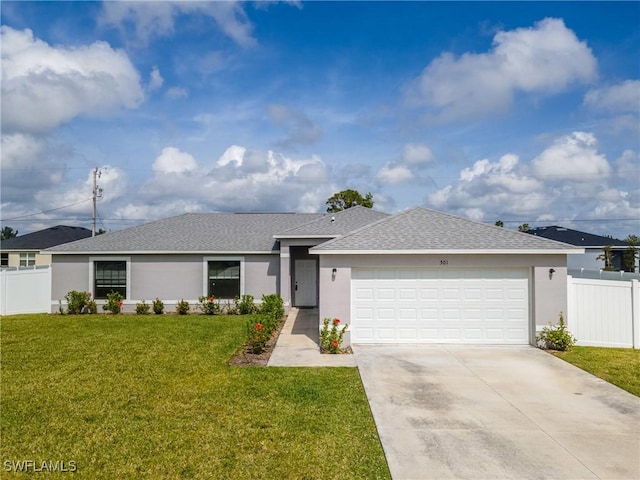 ranch-style house with stucco siding, a front lawn, a garage, and fence