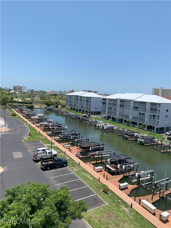 drone / aerial view featuring a water view