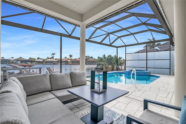 view of swimming pool with a patio, glass enclosure, a water view, a pool with connected hot tub, and an outdoor living space