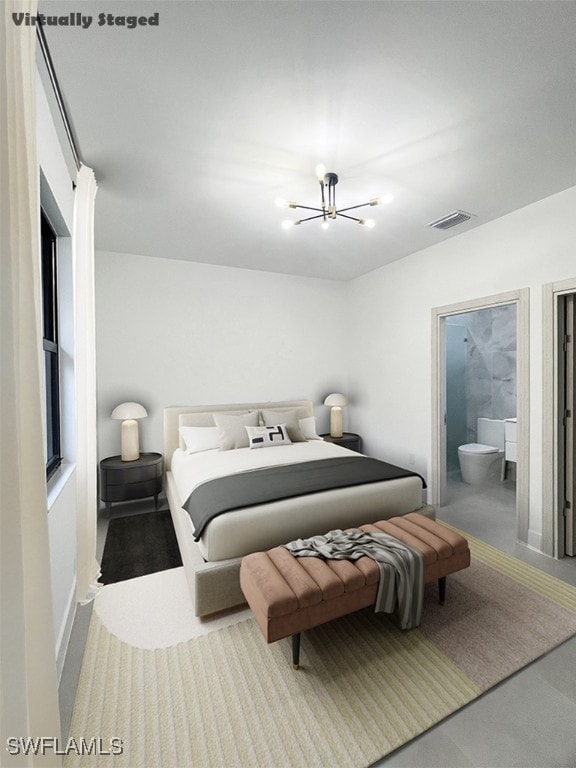 bedroom with ensuite bath, visible vents, and a notable chandelier