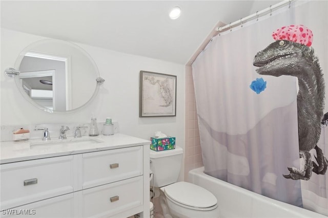 full bathroom with shower / bath combination with curtain, vanity, and toilet