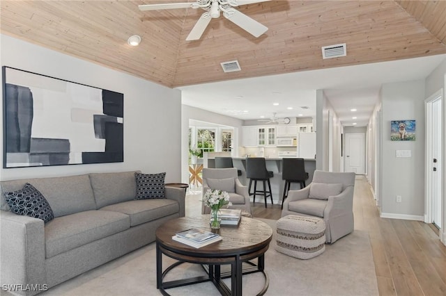 living area with light wood-style floors, wooden ceiling, visible vents, and a ceiling fan