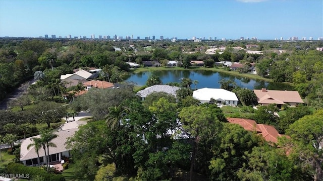 drone / aerial view with a water view