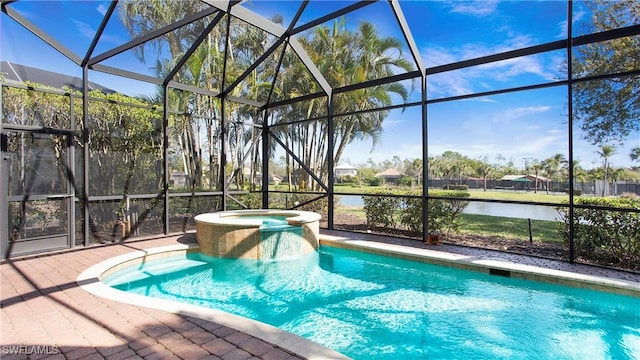 view of swimming pool with a water view, a pool with connected hot tub, and a lanai