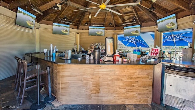 bar with a dry bar, wood ceiling, high vaulted ceiling, and beamed ceiling