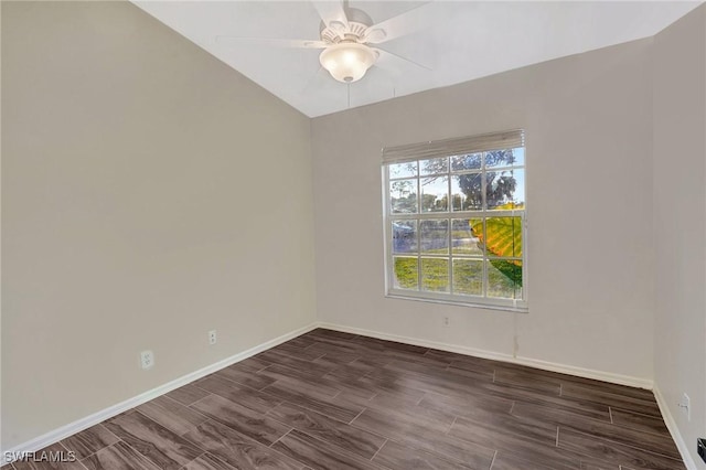 unfurnished room featuring wood finish floors, ceiling fan, and baseboards