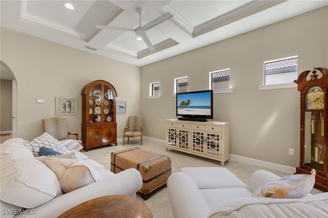 living room featuring arched walkways, visible vents, a ceiling fan, coffered ceiling, and baseboards