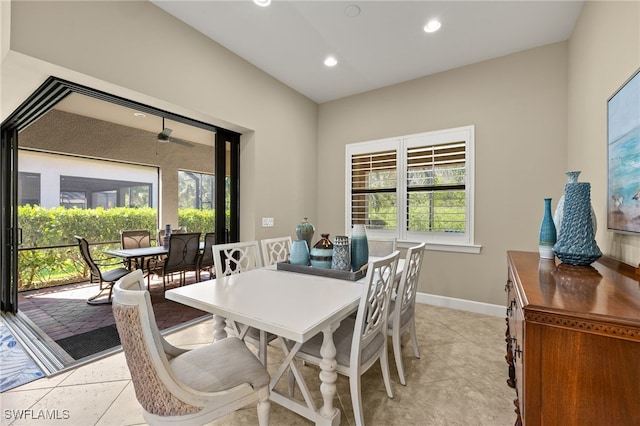 dining area featuring recessed lighting, light tile patterned flooring, and baseboards