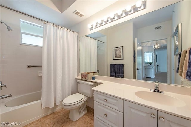 bathroom featuring toilet, shower / bathtub combination with curtain, visible vents, and tile patterned flooring