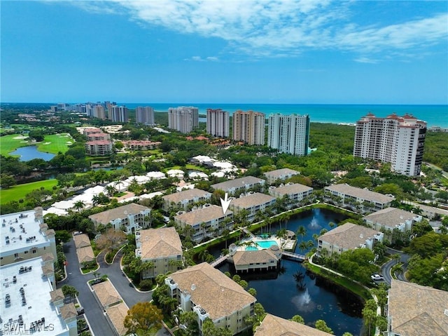 aerial view with a water view and a view of city