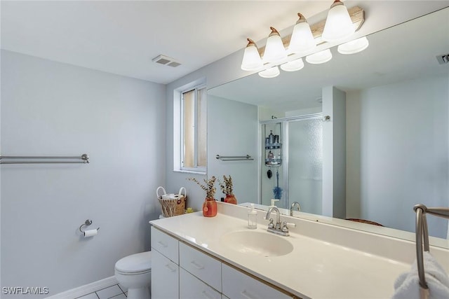 bathroom featuring visible vents, a shower stall, toilet, and vanity