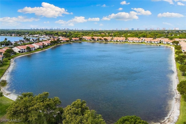 aerial view featuring a residential view and a water view