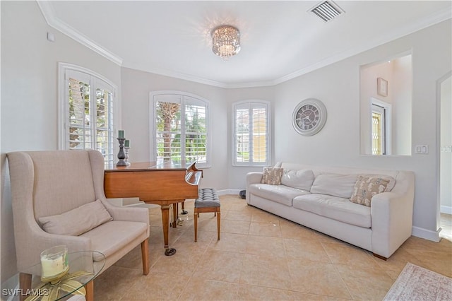 sitting room featuring ornamental molding, visible vents, baseboards, and light tile patterned floors