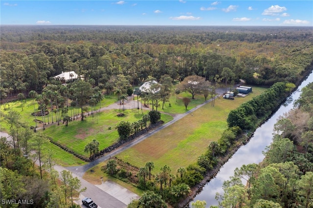 birds eye view of property with a forest view and a water view