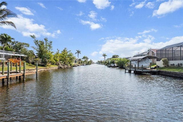 view of water feature with a boat dock