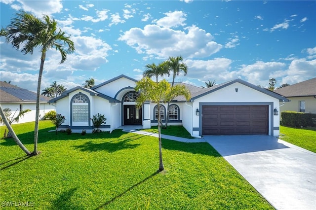 ranch-style home with an attached garage, a front lawn, and stucco siding