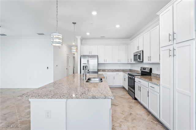 kitchen featuring a sink, stainless steel appliances, white cabinets, and crown molding