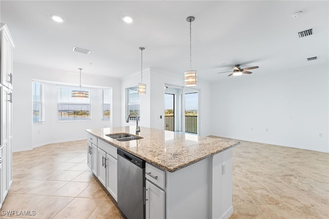 kitchen featuring visible vents, a center island with sink, dishwasher, and a sink