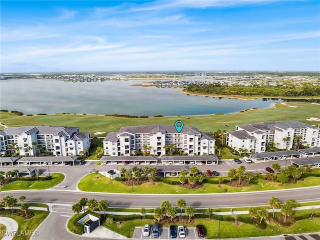 drone / aerial view with a water view